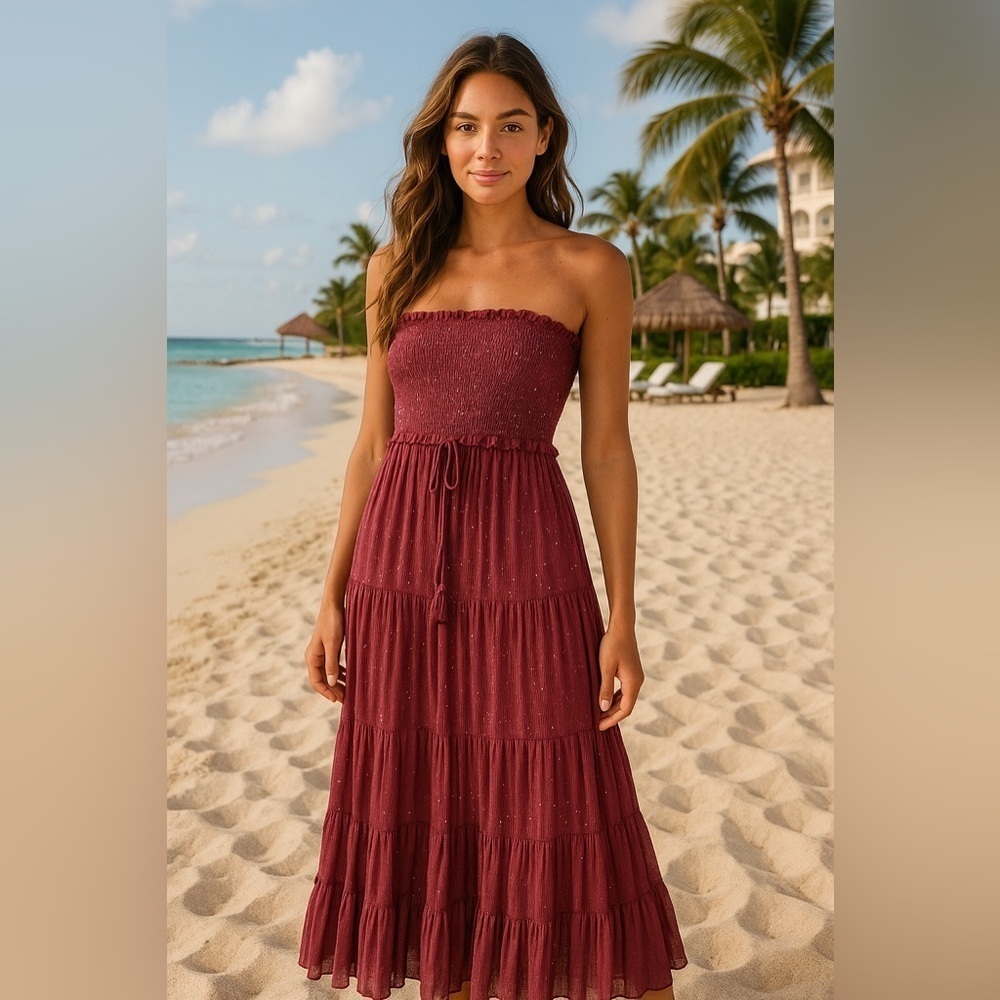 PQ Charlotte Smocked Elegant Burgundy Cover up maxi dress M/L